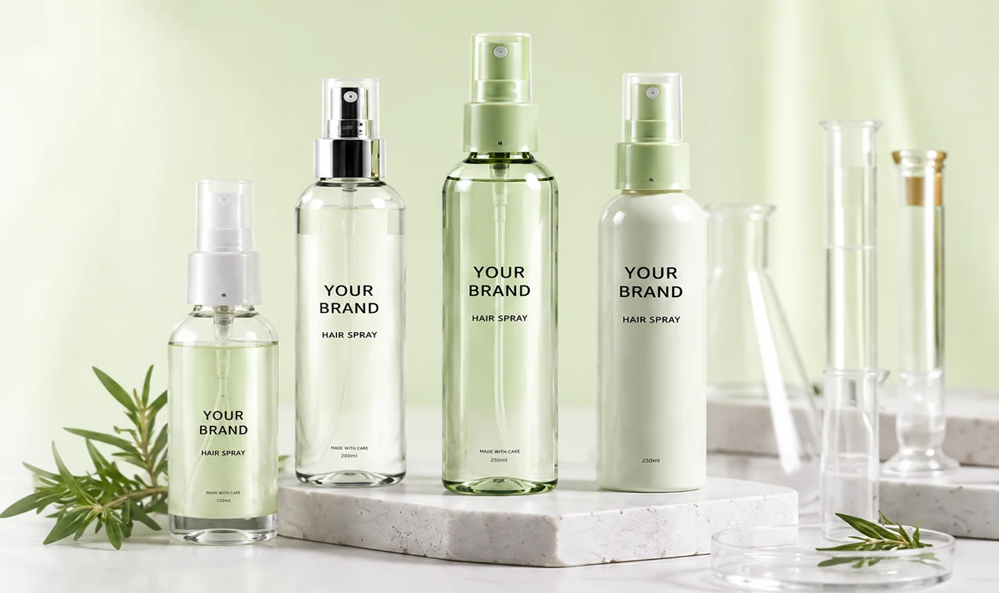 A set of minimally designed hair spray bottles labeled 'Your Brand' in various sizes, displayed on a marble platform with greenery and laboratory glassware in the background.